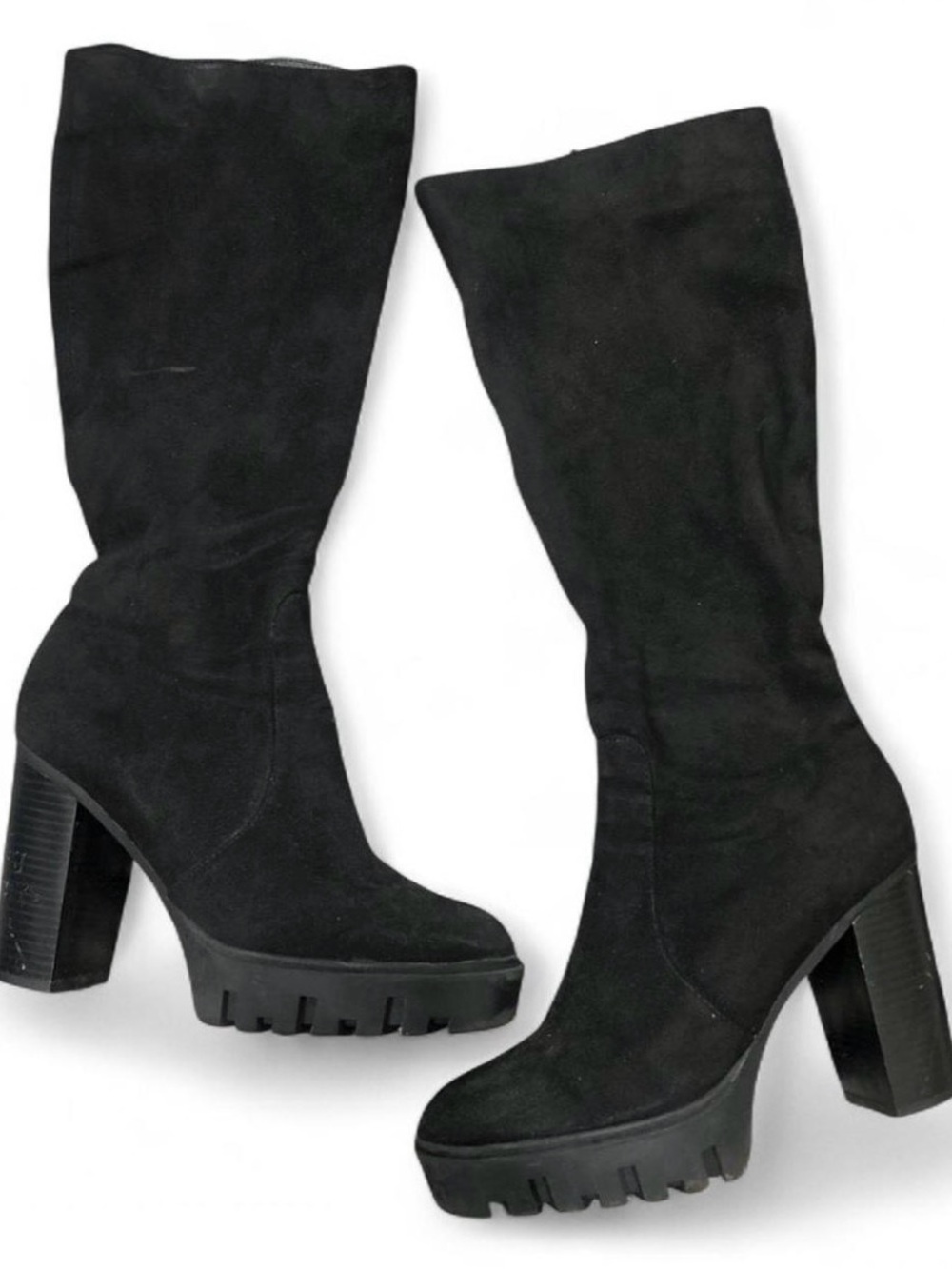 Black Suede Platform Knee-High Heeled Boots